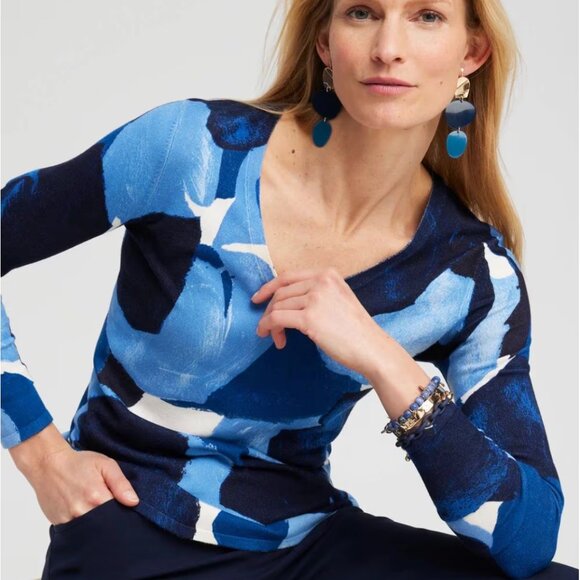 Chico’s Spun Rayon Blue Abstract Print V-Neck Pullover Sweater 4 (XXL 20/22) - Picture 1 of 4